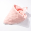 Pink breathable cotton gauze baby bandana bib with decorative white pompom edge trim - Pink
