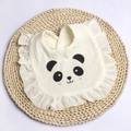 Detail of baby cotton gauze bib with panda print and decorative ruffle edges - Beige Panda