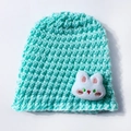 Knitted turquoise baby beanie featuring a white plush rabbit patch with embroidery - Mint Green