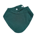 Close-up of dark green double-layer muslin cotton baby bib with white snap fasteners - Dark Grass Green