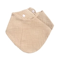 Detail view of khaki cotton gauze baby bib featuring soft texture and two plastic snap buttons - Light Coffee