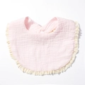 Pink cotton muslin baby bib with vintage crochet lace trim and snap button closure - Light Pink