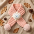 Close-up of pink knit baby scarf with white teddy bear and fluffy faux fur pom-poms - 80cm / Snow Bud