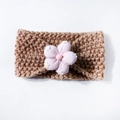 Knitted baby headband in khaki with a 3D pink fabric flower and soft crochet texture - Coffee