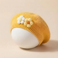 Ginger yellow knitted beret for girls featuring two handcrafted flower decorations - Yellow