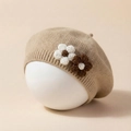 Detail of baby knit beret with 3D crochet flowers and soft ribbed texture trim - Coffee