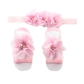 Pink chiffon flower baby headband and barefoot sandals set with pearls and rhinestones - Pink