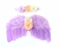Detalle de alas de plumas púrpuras y diadema floral para accesorios de fotografía de bebés - Morado