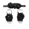 Detailed set of black chiffon rhinestone flower headband and matching baby barefoot sandals - Black