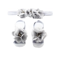 Detail of baby headband and barefoot sandals set with chiffon flowers and rhinestones - Gray