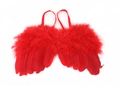 Dettaglio di ali d'angelo con piume rosse e cinghie elastiche per accessori foto - Rosso
