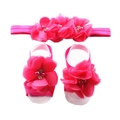 Detailed view of magenta chiffon flowers with pearls and rhinestones on baby headband set - Rose Red