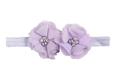 Détail de fleurs en mousseline lavande avec perles et strass sur bandeau élastique bébé - Mauve Clair