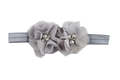 Détail de fleurs en mousseline grise avec perles et strass sur bandeau pour bébé - Gris