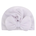 Detail of soft lavender knit baby hat with a large decorative bow for infants - White