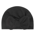 Detailed view of the soft black knit baby hat featuring a large decorative bow - Black