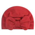 Detail of red baby turban hat with oversized bow made from soft elastic knit fabric - Red