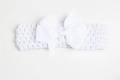 Solid white wide crochet headband for babies featuring a large ribbed grosgrain hair bow - White