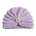 Close-up of lavender knit baby hat with pearl and rhinestone flower cluster detail - Adjustable / Light Purple