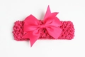 Elastic crochet baby headband featuring a large rose pink grosgrain ribbon bow - Rose Red