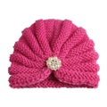 Detailed knit texture of hot pink baby turban hat with a pearl and rhinestone flower - Adjustable / Rose Red