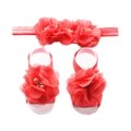 Coral chiffon baby headband and barefoot sandals set with faux pearls for infant girls - Deep Pink