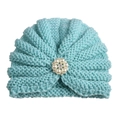 Light blue knitted baby turban hat with decorative pearl and crystal flower embellishment - Adjustable / Light Blue