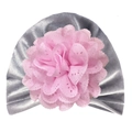 Turbante per neonata in velluto grigio con grande fiore di pizzo rosa decorativo - Taglia unica / Grigio