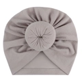 Detailed view of grey baby knot turban hat with soft knitted texture and donut knot - Gray
