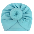 Soft light blue baby turban hat with a signature donut knot and knitted pleats - Blue