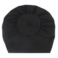 Close-up of black baby turban featuring a round donut knot and soft pleated texture - Black