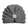 Gray knitted baby turban hat with a faux pearl and rhinestone floral decoration - Adjustable / Gray