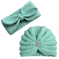 Detail of mint green knitted baby hat and headband set with rhinestone buckle - One Size / Blue