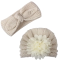 Detail of baby beige knit set with oversized mesh flower hat and bow headband - Beige