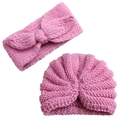 Pink knit baby beanie and bow headband set with warm ribbed texture for infants - One Size / Pink