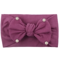 Detail of soft magenta nylon headband with large bow and white pearls for babies - Deep Purple