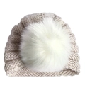 Detailed cable knit pattern on beige winter baby hat with a white faux fur pompom - One Size / Beige