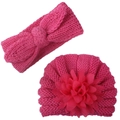 Detail of rose red knit baby hat with layered fabric flower and matching headband - Rose Red