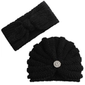 Detail of black knitted headband with bow and winter beanie with sparkling rhinestone - One Size / Black