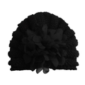 Cute black baby knit beanie hat with large chiffon flower decoration for winter warmth - One Size / Black
