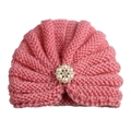 Pink knitted baby turban hat featuring a pearl and rhinestone flower embellishment - Adjustable / Dusky Pink