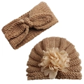 Close-up of baby knitted headband and beanie with large chiffon floral applique - Coffee