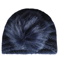 Detailed view of the dark blue knitted baby winter hat with a fluffy faux fur pompom ball - One Size / Navy Blue