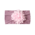 Detail of baby headband with pale pink chiffon flower on light purple nylon fabric - Taro Purple