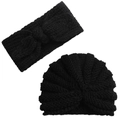 Detailed view of black knitted baby set featuring bow headband and ruffled knit beanie hat - One Size / Black