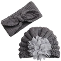 Detailed knit texture of grey baby hat with flower and matching bow headband set - Gray
