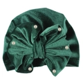 Detailed view of dark green velvet baby turban hat with bow and white pearl accents - Dark Green