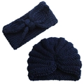 Set invernale in maglia blu marina per neonati con berretto e fascia con fiocco coordinata - Taglia unica / Blu Notte