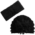 Detail of black knit baby set showing thick bow headband and flower beanie - Black