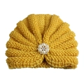 Bright yellow knit baby beanie with rhinestones and faux pearls flower ornament - Adjustable / Yellow